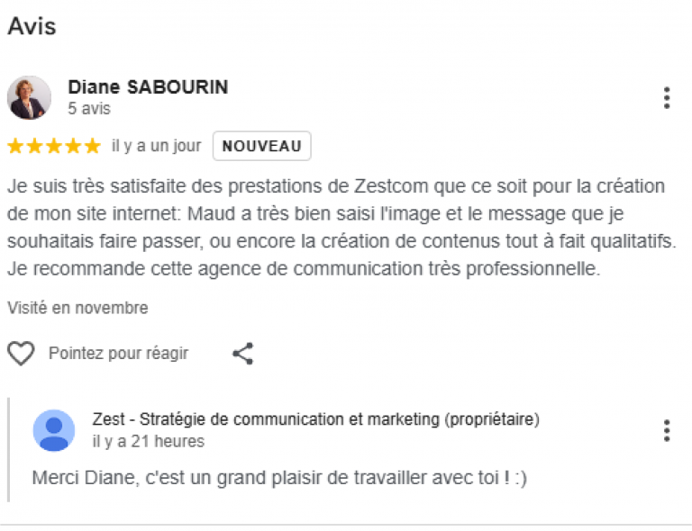 Avis client laissé par Diane de DS Gestion sur la fiche d'établissement Google de Zest, agence de communication